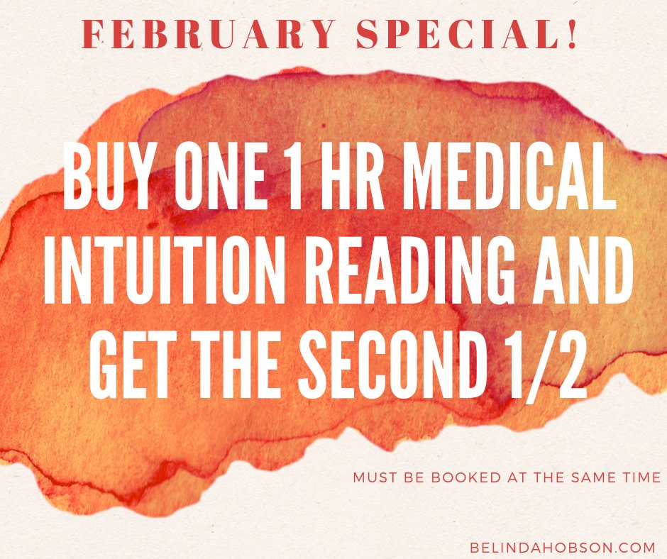 Check this out! 👀 For this month only, book a one hour Medical Intuition session and get the second half off!*🙌 
#febdeals #treatyourself #loveyourself #helpyourself #MedicalIntuitive 
*Must book both sessions at the same time