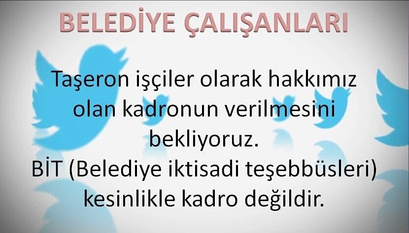 4_isci's tweet photo. Belediyelerde görev yapan işçi kardeşlerimiz tüm şartları taşıdığı halde kadro alamadı.Sayıları 450 bine yaklaşan ve kadro alamayan taşeron işçilere gerçek 
4/D kadrosu verilmelidir.BİT kadro değildir.

@ZehraZumrutS
@hakiskonf
@turkiskonf

#NerdeKadro
#BelediyedeKadroYalanOldu https://t.co/zUT1gRPd5K