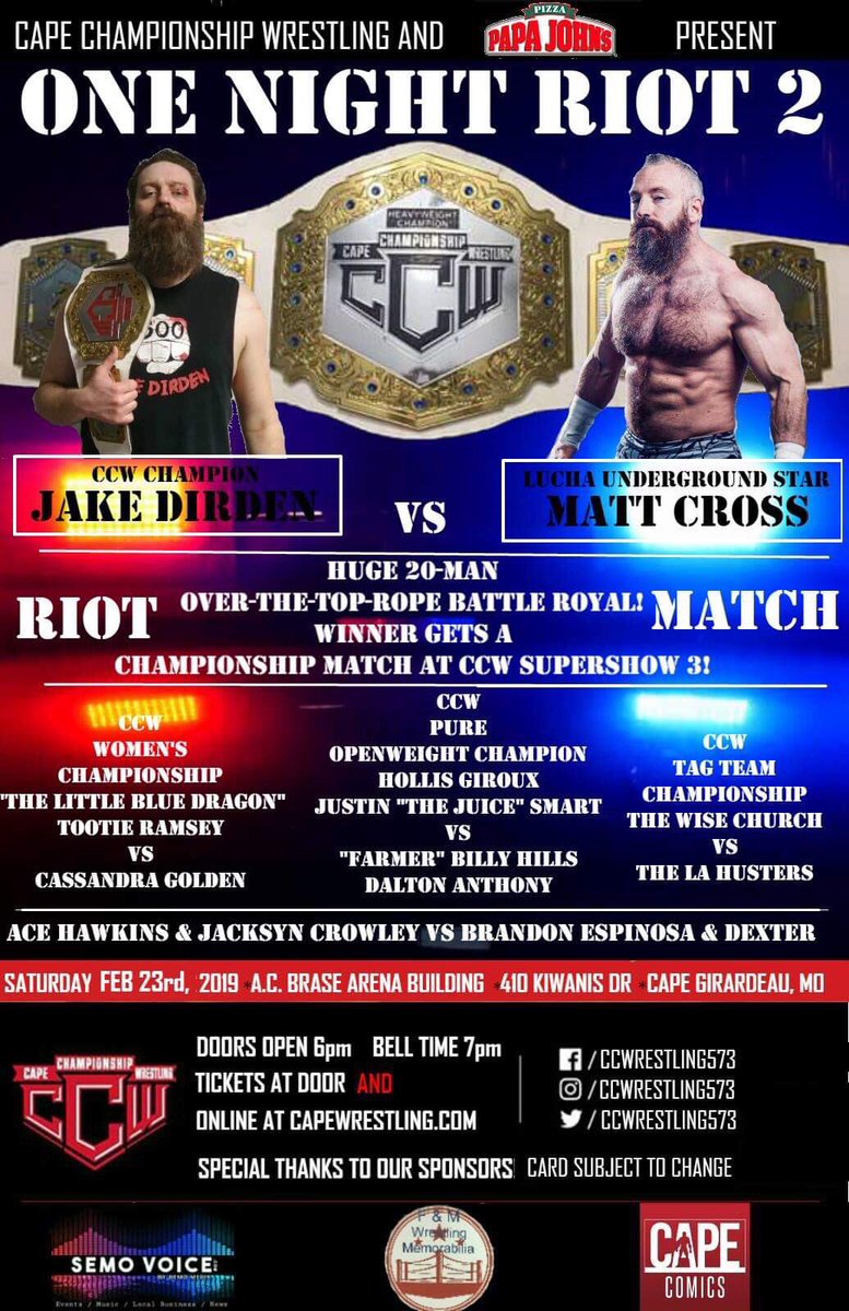 macsgym's tweet photo. @CCWrestling573 #OneNightRiot is just two weeks away!!!
Go to https://t.co/qzFwZtx7cm and get your tickets now!!!
I wonder if there will be any surprise wrestlers entering the 20 man battle royal? https://t.co/MfYmc54k7f