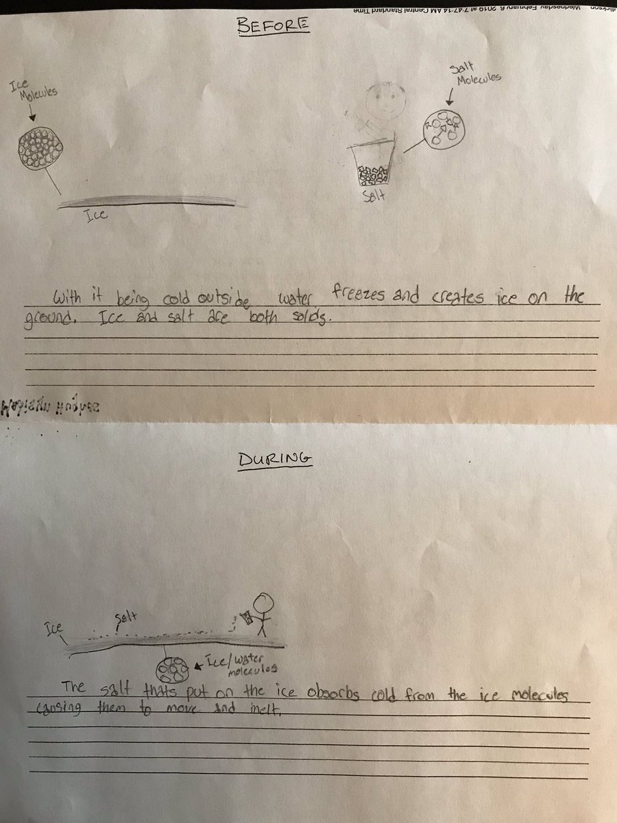 mrgullicksonwms's tweet image. 8th grade Ss model their thinking and experiment to collect evidence used to support claims for our timely Heat Unit BIG QUESTION: “Why don’t we salt our roads when it’s really cold out?” Examples of our first steps to clear up #misconceptions #phenomena #ambitiousscienceteaching