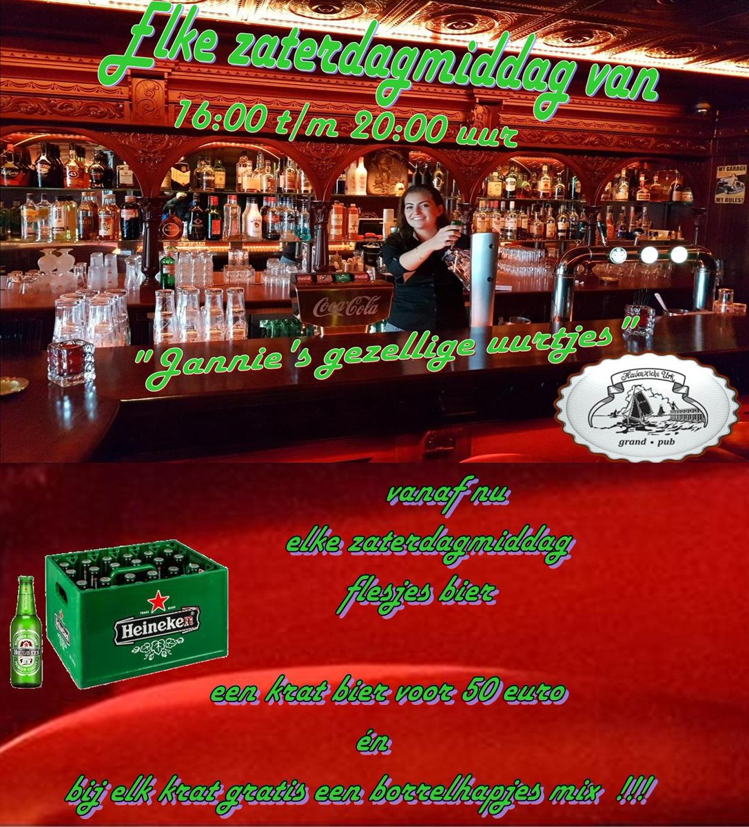 Elke zaterdagmiddag van 16:00 uur tot 20:00 uur een kratje #heineken voor 50 euro en een mix borrelhapjes gratis..!