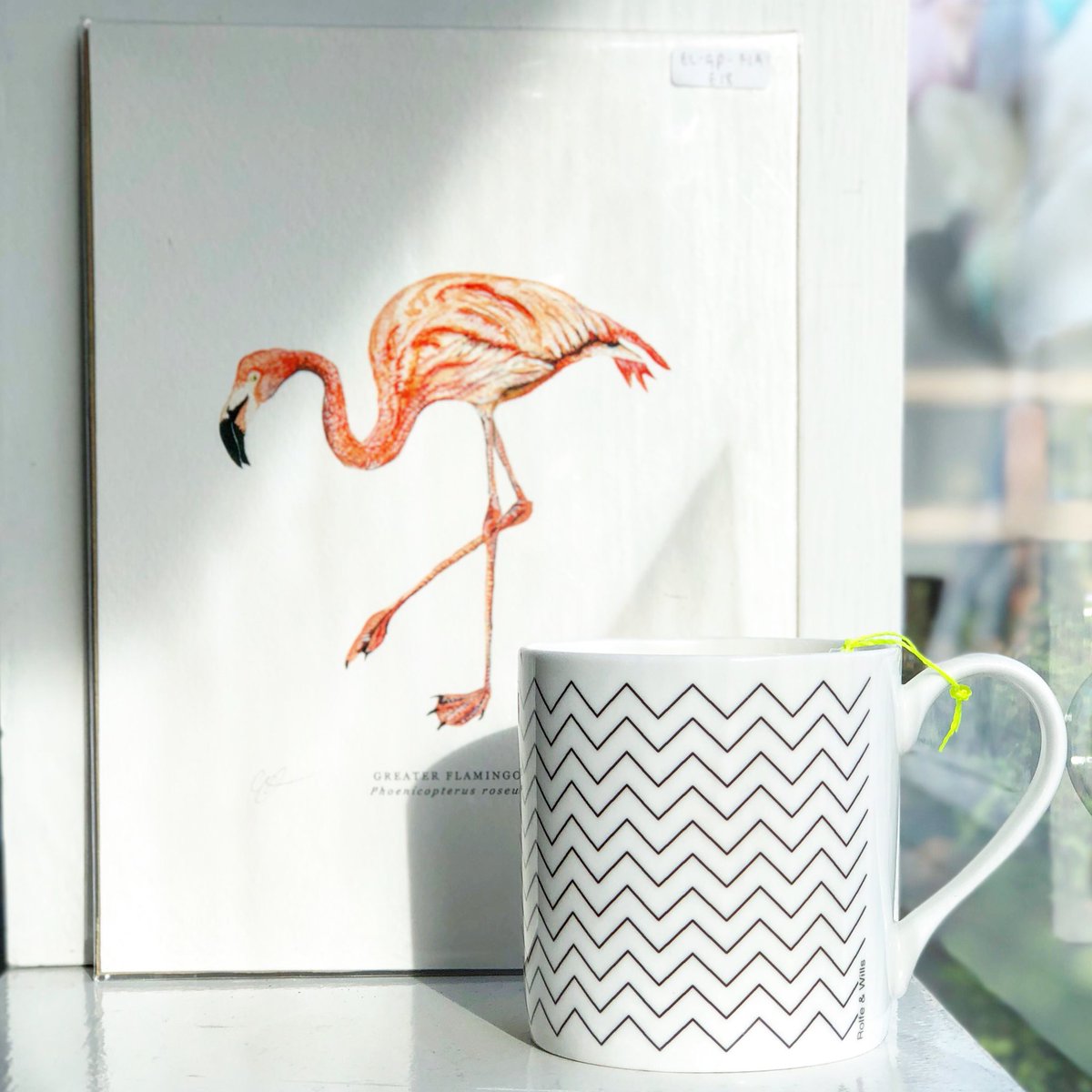 Who knew #flamingos & zig-zags go so well together? The sun is shining (kinda) here in #Bristol - pop in and say hello! #Mug by @RolfeAndWills and #ArtPrint by @EllieLonghurst