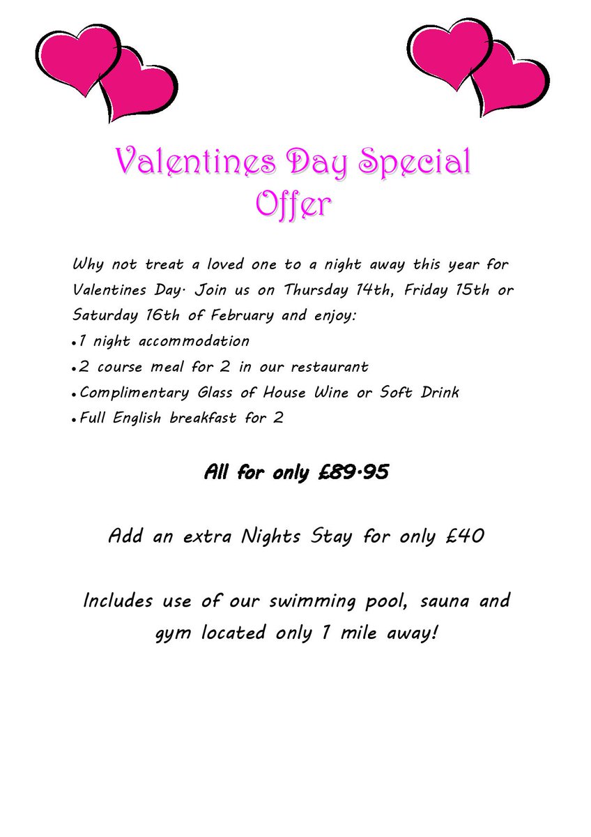 We still have rooms available for this amazing offer! Includes use of our swimming pool, sauna &amp; gym located 1 mile away! Give us a ring on 01668 213000 or email reception@purdylodge.co.uk to book#ValentinesDay