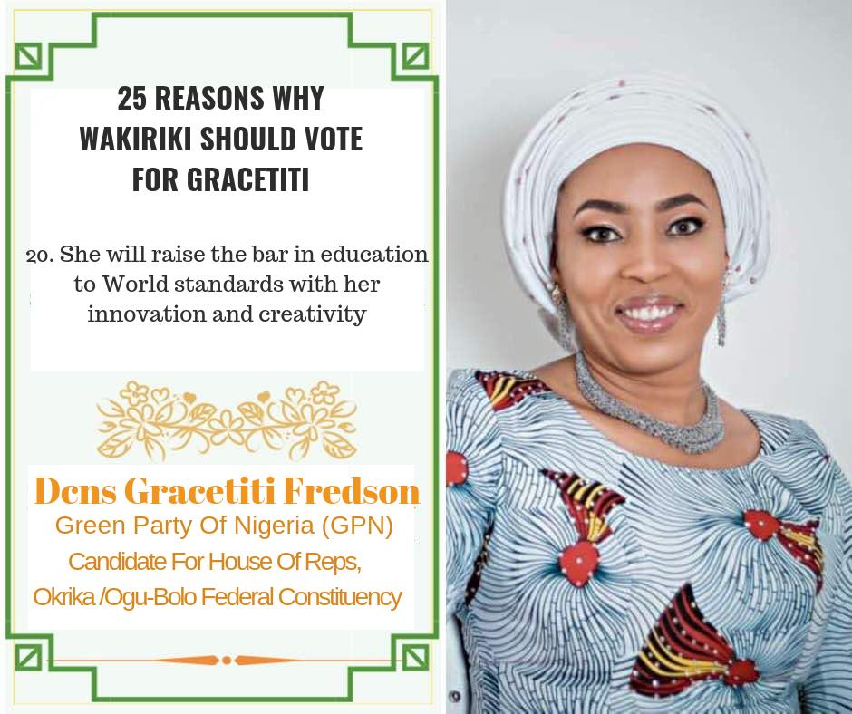 GracetitiF's tweet photo. #25ReasonsWhy 
#VoteGreenPartyForGreenChambers
#HouseOfReps
#OkrikaLGA #OguBoloLGA 
#VoteGreen https://t.co/MmFlC0FC2S