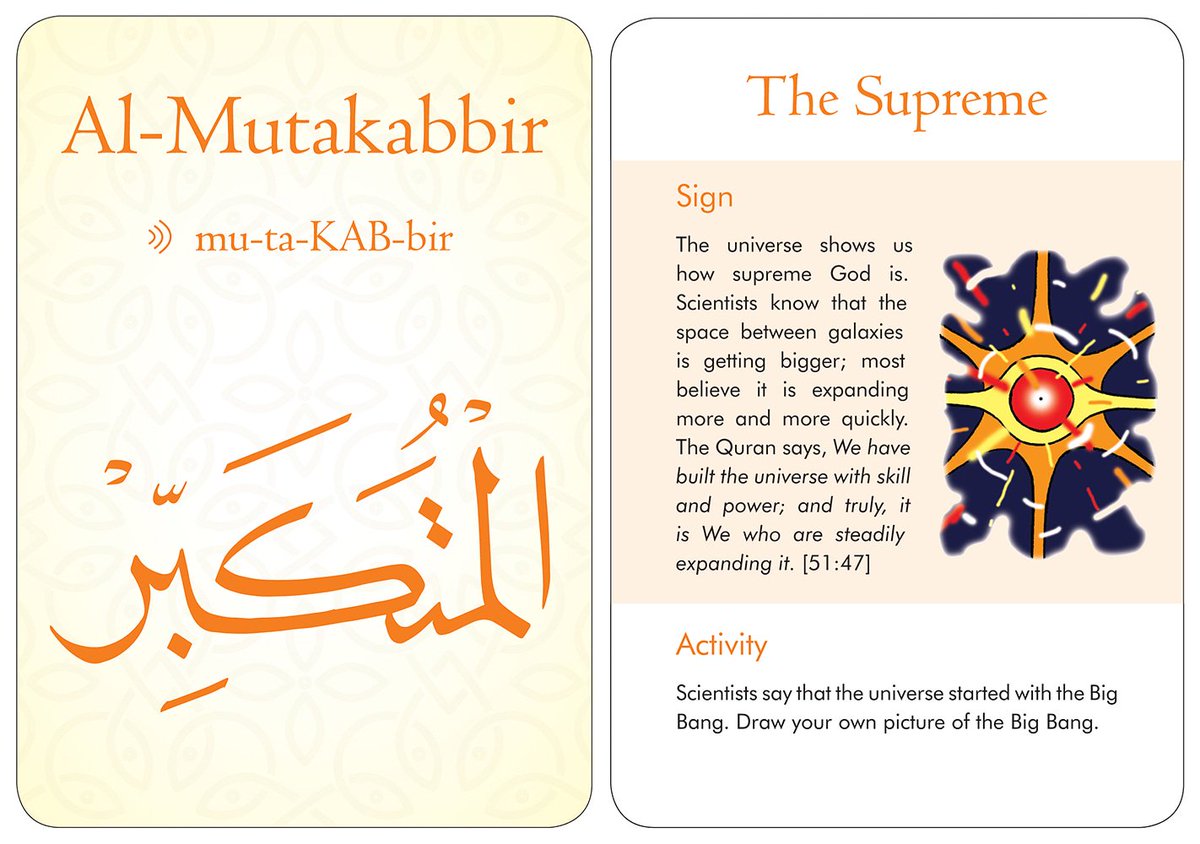 chickpeapress's tweet photo. Al-Mutakabbir, The Supreme: the #Quran revealed many scientific facts that mankind is still uncovering! Get kids exploring the wonders of the universe 🌠
#ContemplationCards #99namesofgod #activitycards #homeed #education #islam #supreme #science #bigbang #universe #expanding https://t.co/cJNtrOJi8K
