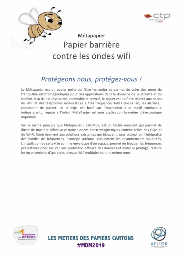 Afifor_Unidis's tweet photo. 📳 Protégeons nous, protégez-vous !
🧻 Le #Métapapier est un papier peint qui filtre les ondes WiFi 📡 et téléphones mobiles 📱 et permet de créer des zones de tranquillité électromagnétiques dans le domaine de la sécurité et du confort. #Innovations #StandIPC #MDM2019 https://t.co/GW7ovI2bUP