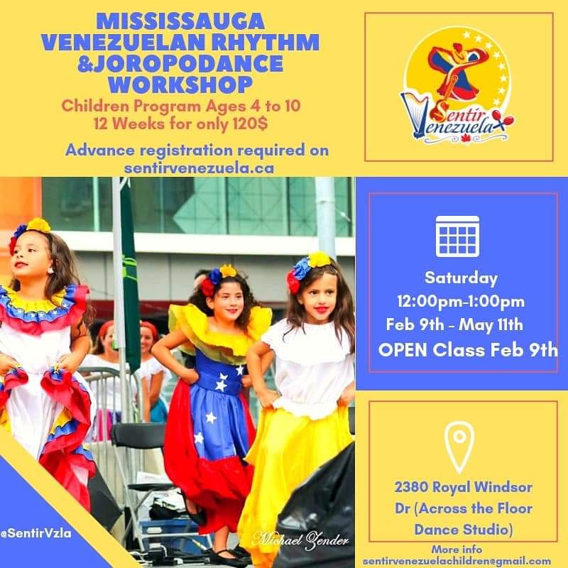 fjgotopo's tweet photo. In #Mississauga and #Toronto and looking for a free activity for your kids this weekend? Bring them to have fun dancing Venezuelan music with Us! #Venezuela #SentirVzla @SentirVzla #BailamosportiVenezuela https://t.co/bnfiIahXtT