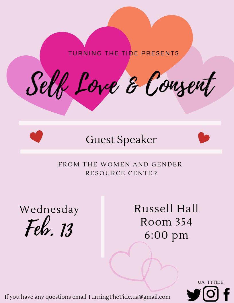 UA_TTTIDE's tweet photo. Valentine’s Day is approaching and Turning The Tide would like for you to join us as we have a speaker to come and talk about Self Love and Consent! Tell your friends ❤️ https://t.co/7B8HbhFij9