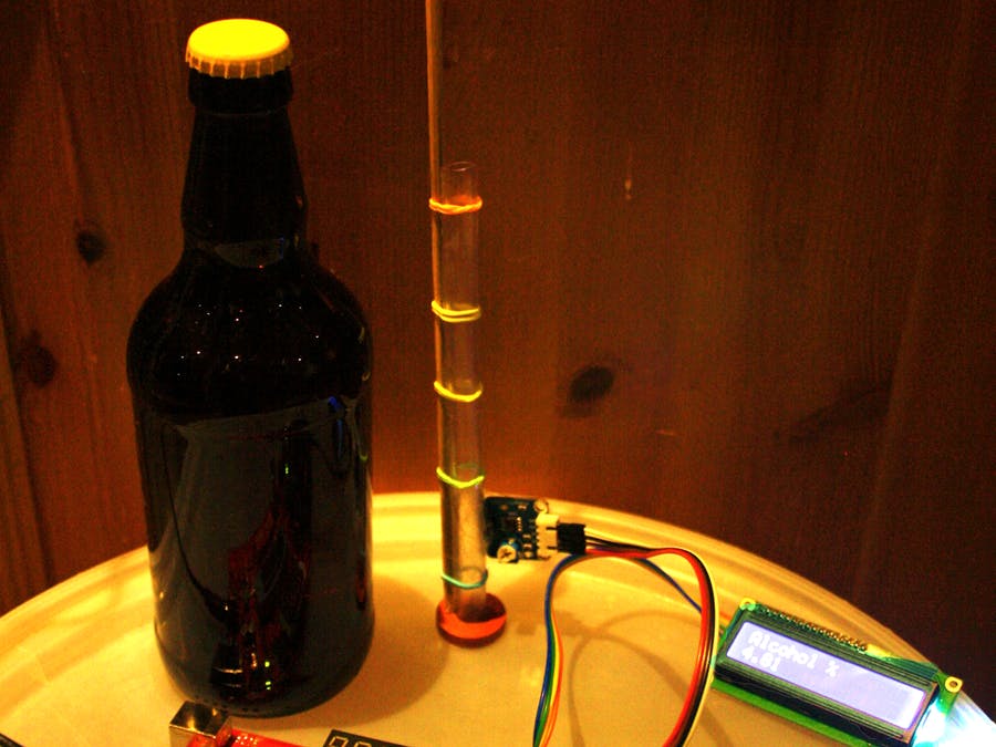 AutoBrewControl's tweet photo. The hydrometer reads the height of a magnet mounted on top of the hydrometer, and converts this into an alcohol % displayed on the LCD. Instructions and code on the project site https://t.co/ITjQnHDcAA