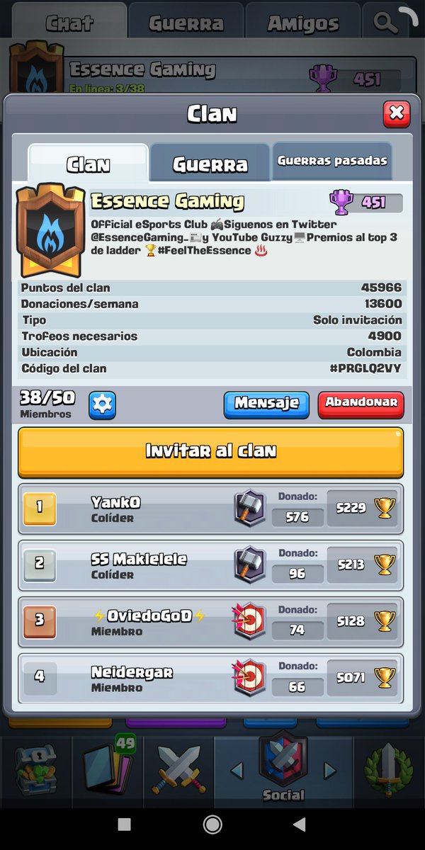 #CR | CLAN 🔝

Ya tenemos creado nuestro clan de ladder para todos aquellos que busquen un clan top y que además ofrezca premios a los mejores 💰.

Requisitos: 
- Activo y donador 😄
- Récord de +5500🏆

Los esperamos para formar parte de esta gran familia 🤗.

#FeelTheEssence🌀