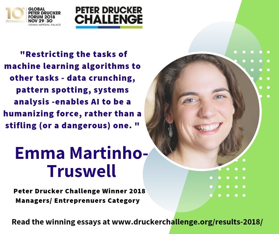 GDruckerForum's tweet photo. This weekend we travel back in time to meet Peter Drucker Essay Challenge 2018 winners.
Read @EmmaTruswell's winning essay in the Managers/Entrepreneurs Category, titled "The answers a machine will never have" at https://t.co/fLaQlgQBMy
#PeterDrucker #GPDF18 #PDC18 #Vienna https://t.co/iFlUmgvbO3