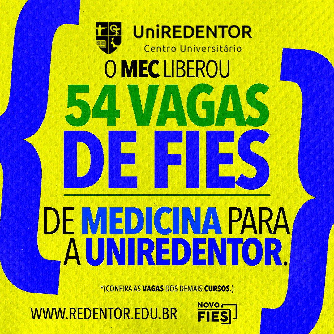 uniredentor's tweet photo. MEDICINA UNIREDENTOR - Mec libera 54 vagas de Fies para o curso de Medicina da UniREDENTOR!
#medred #UniREDENTOR #fies #medicina https://t.co/Tptj76sysX