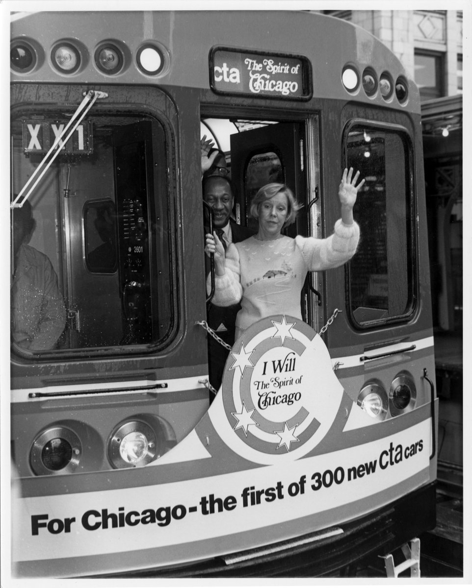 cta's tweet photo. For #BlackHistoryMonth, we proudly salute “CTA Pioneers.” Eugene Barnes was a CTA bus driver for 14 years. He rose through the ranks to become the first African-American Chairman of the CTA board. Here, in 1981, he and Mayor Jane Byrne dedicated the new 2600-series railcars. https://t.co/s8n59yxsJN