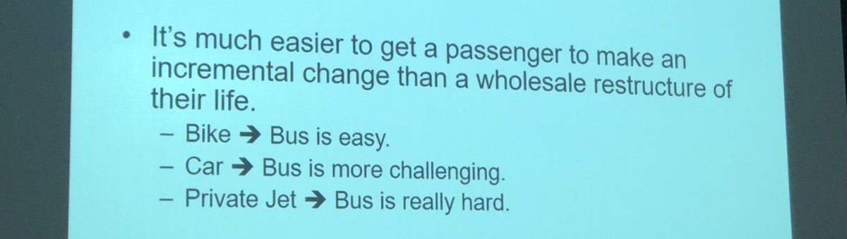 So often we aim for the sky and never get to the middle ground. Designing a system to address the biggest (possible) user group can be more viable than trying to get Elon Musk to rise a bus. #transpo19 #TCS19