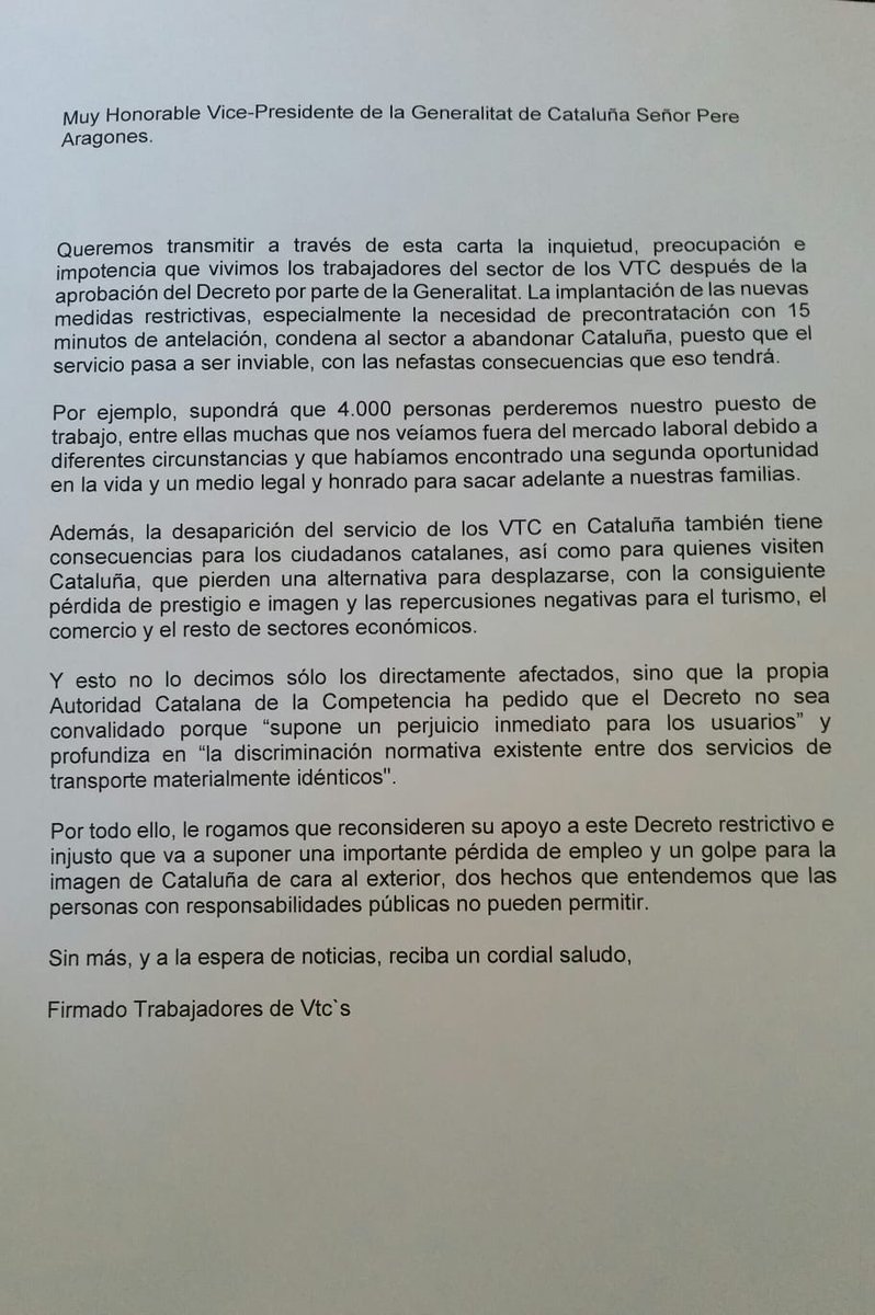 Vecttor_VTC's tweet photo. Los trabajadores de Vector de Cataluña han entregado estas cartas a los señores @perearagones y @ernestmaragall, que han dado su palabra de llamar entre mañana y el lunes a sus representantes, Esther Blanch y María José Delgado, para dialogar sobre el futuro de los #VTC. https://t.co/glcDTLmcnL