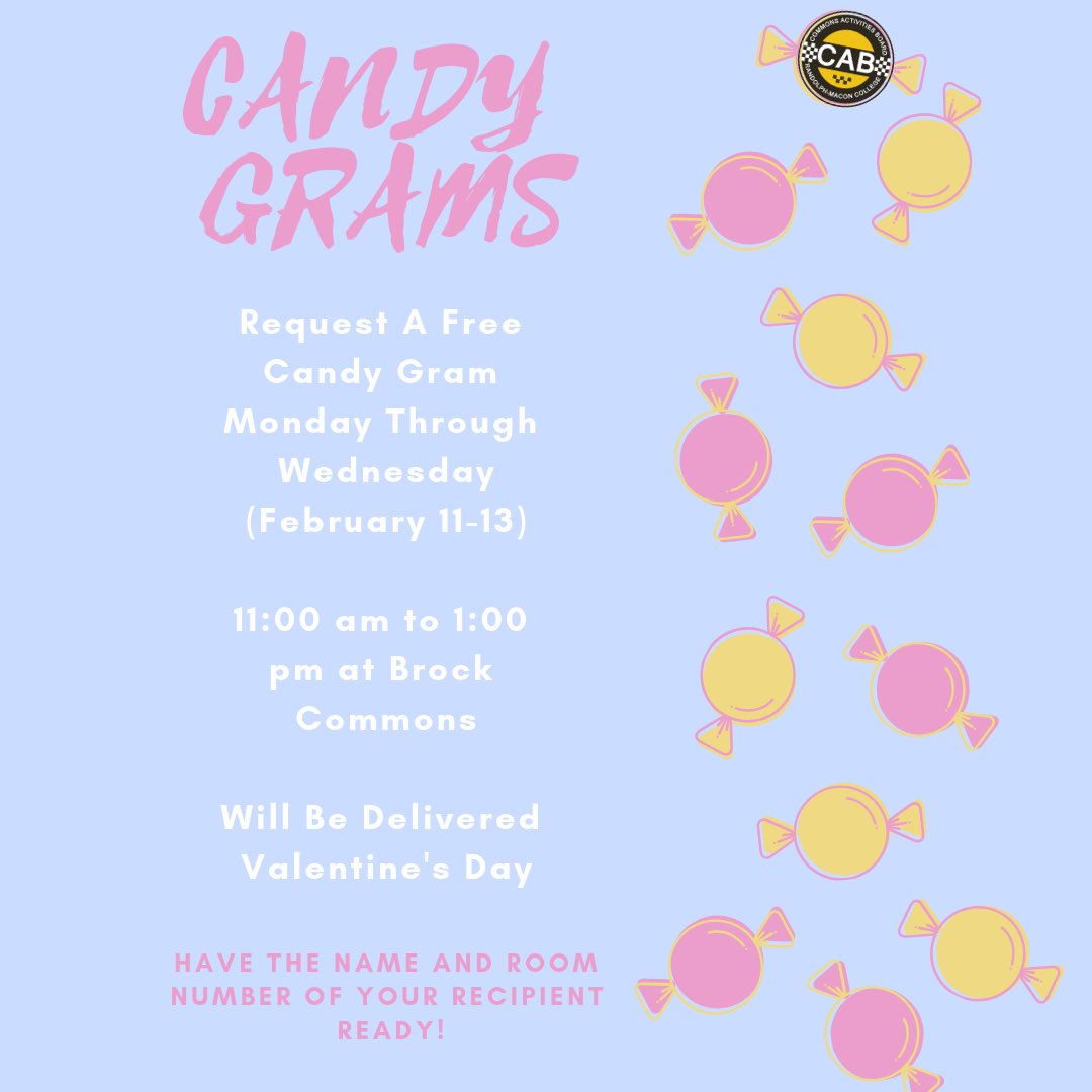 RMCCAB's tweet image. Get your valentine a Candy Gram from CAB! Order one Monday through Wednesday, and expect deliveries on Valentines Day!