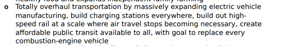 For instance, the left is in her summary, the right is the bill. There's nothing about replacing all transportation with trains, just phasing out air travel. She let her nutcase DSA staffers write whatever they want and they completely screwed her