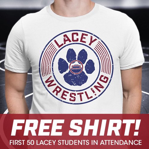 lacey_wrestling's tweet photo. 🦁🚨LACEY STUDENTS🚨🦁 The first 50 students at tomorrow nights State Final will receive a FREE T-SHIRT! Come wearing Lacey colors and the shirt is yours. 

Doors open at 5pm &amp; match at 6pm. #lowandforward @SgaLths @NavyNationLTHS @Lacey_Athletics  @thirteengraphic #laceypop https://t.co/os9rJ9gTwV