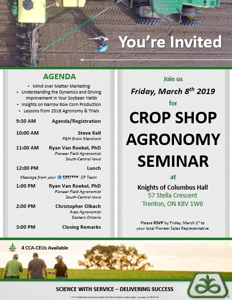 Join the <a href="/PioneerSeedsCA/">Pioneer Seeds Canada</a> Eastern Ontario team as we prepare for 2019 growing season covering everything from mind over matter grain marketing to timely corn and soybean production tips. Guest speakers Steve Kell, <a href="/odettemenard/">odette ménard</a> , and the <a href="/Bean_Doctor/">Ryan Van Roekel</a> #neverstopgrowing <a href="/CortevaCA/">Corteva Canada</a>