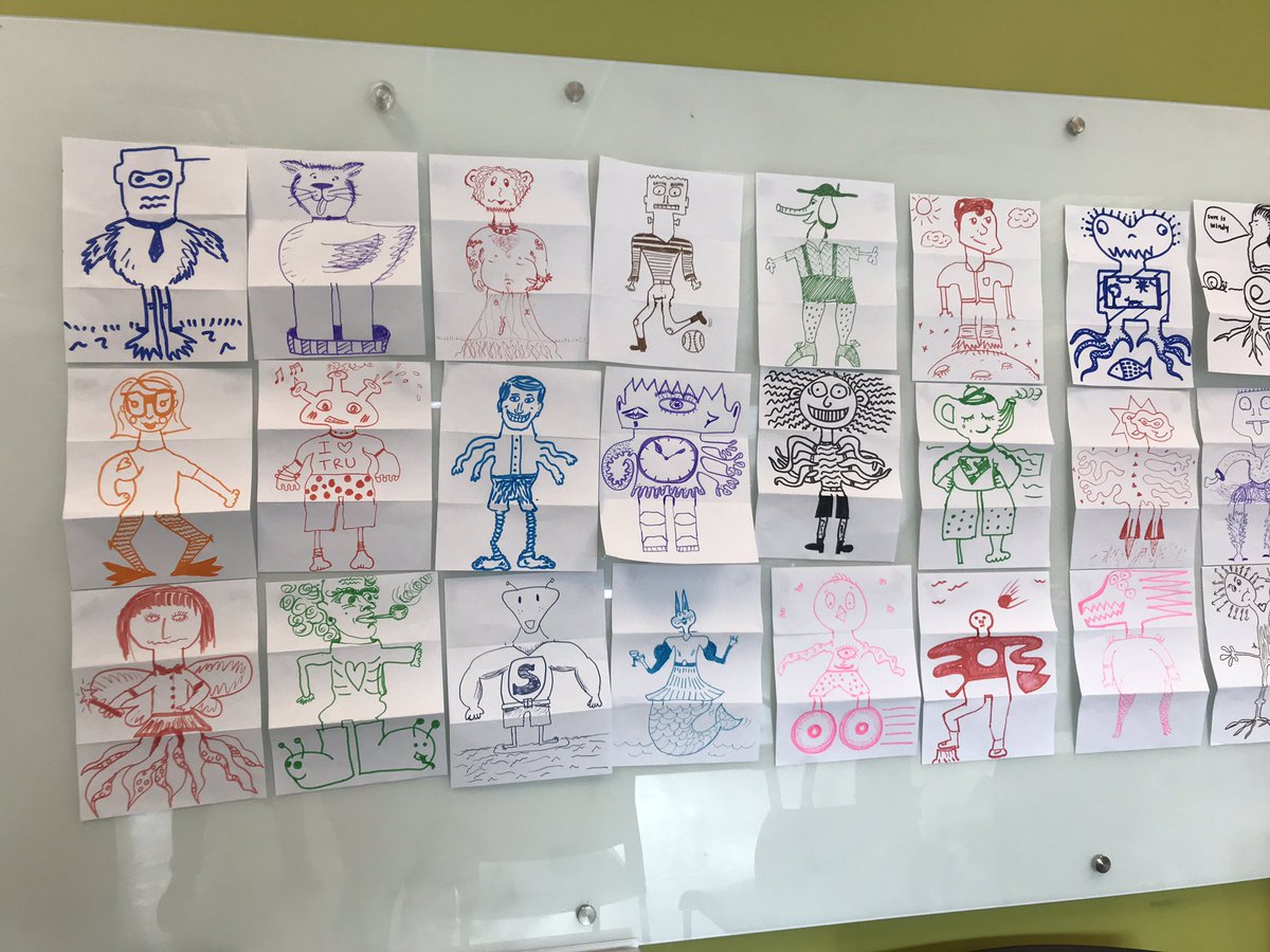 TRU_CELT's tweet photo. “Exquisite Corpse” drawing game at #creativityintheopen ! This would make a great in class activity as an ice breaker or group building activity 🎨 Zoom in on the photo to see some awesome drawings! https://t.co/FYPpilJ5mJ