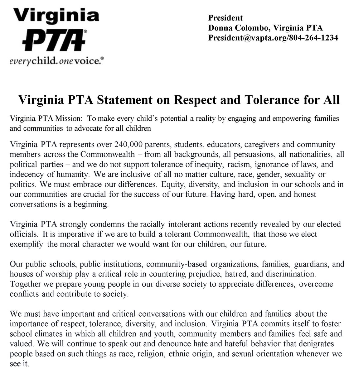 VirginiaPTA's tweet photo. We Are #ptastrong #vapta #ptafoundation
Statement from @VirginiaPTA President Donna Colombo regarding the state of affairs in Richmond. https://t.co/Ovliw7QXMD