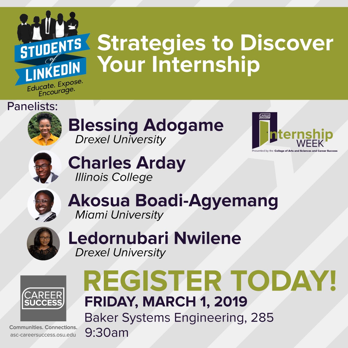 Students of LinkedIn is an interactive discussion that will spark new ideas for how you can enhance your digital portfolio and presence! Register for our event on #Handshake now! #ASCCareerSuccess #ASCInternshipWeek osu.joinhandshake.com/events/260501/…