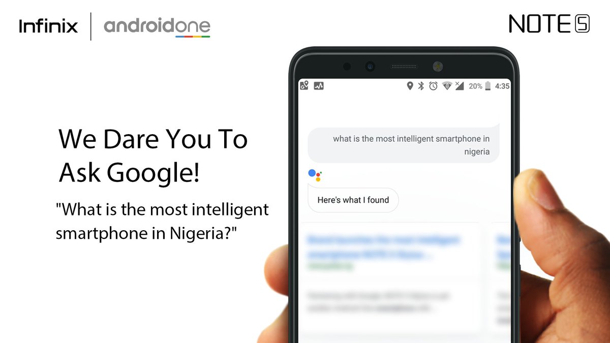 InfinixNigeria's tweet image. We dare you to ask your Google assistant: What is the most intelligent smartphone in Nigeria?

RT and Reply with your search results #TheIntelligentCreator