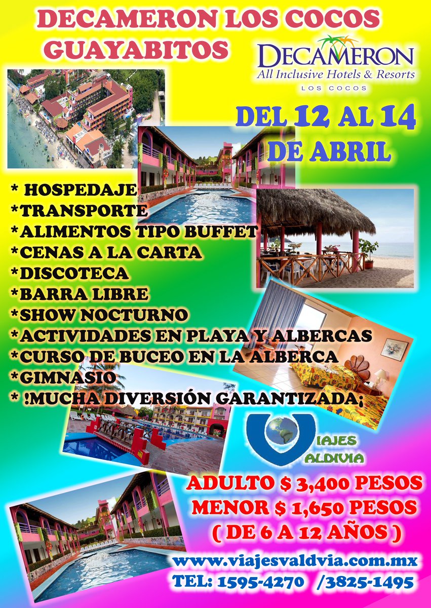 ViajesValdivia's tweet photo. #Playa + alimentos + bebidas sin límite + transporte = #Vacaciones TODO INCLUIDO del 12 al 14 de abril. Adulto 3400, niños 1650 (6-12 años) ¿Te gusta la idea? Llámanos 15954270 Whats: https://t.co/yP6mDsdIwF @TeloVendoGDL @MisPromosGDL @Klasifica2 @EnGuadalajara @BazarBarato https://t.co/gTsOtGbYBR