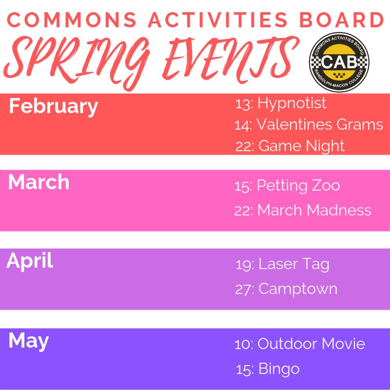 RMCCAB's tweet image. We are thrilled to announce the event lineup for the spring semester! We also have a movie every Friday and Saturday, as well as Late Night Buzz every weekend. 
•
•
•
Details for every event will be announced on our social media platforms closer to their date!