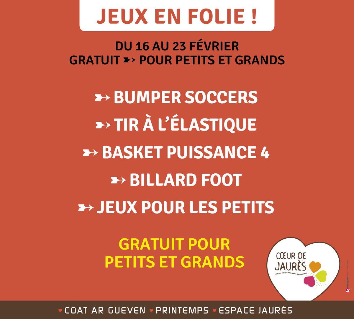 [ ÉVÉNEMENT #BREST ]
 Du 16 au 23 février, pendant les #vacances, ce sont les Jeux en Folie 🤪 à #CœurdeJaures ! 
Nous vous proposons de multiples activités 100% #GRATUIT pour petits et grands ! 
Seul, en famille ou entre amis, venez vous amuser !