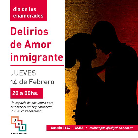 Los invitamos a pasar  un día de los enamorados a pura cultura venezolana!!!
Habrá arepas, música, teatro y tragos  para disfrutar 🎶🎹🌮🍹🎭
Anotense para ingresar 👇
eventbrite.com.ar/e/delirios-de-…