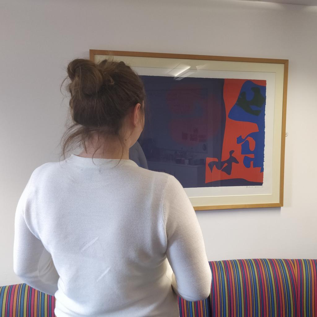 HHCoping's tweet photo. @IATL_Warwick  staff admiring our new instillation of Patrick Heron screenprints (Untitled 1975). Come at take a look yourself first floor Senate House. @warwickartsmead #abstractart https://t.co/NH7ozK1tAz