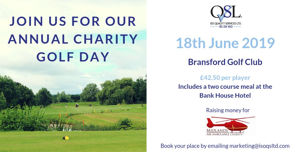 ISOQualityServices (@isoqsl) on Twitter photo Join us for our Annual Charity Golf Day on 18/06/2019! This is being held in aid of Midlands Air Ambulance Charity at <a href="/BransfordGolf/">Bransford Golf Club</a>. A two-course meal is included at <a href="/BankHouseHotel1/">Bank House Hotel</a>. The price is £42.50 including a charity donation. Get in touch at marketing@isoqsltd.com! Join us for our Annual Charity Golf Day on 18/06/2019! This is being held in aid of Midlands Air Ambulance Charity at <a href="/BransfordGolf/">Bransford Golf Club</a>. A two-course meal is included at <a href="/BankHouseHotel1/">Bank House Hotel</a>. The price is £42.50 including a charity donation. Get in touch at marketing@isoqsltd.com!