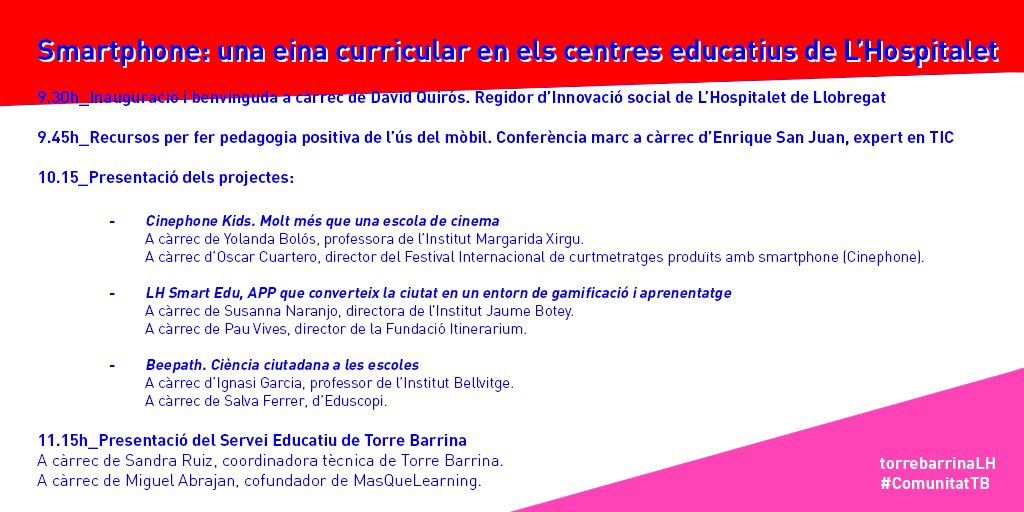 torrebarrinalh's tweet photo. 🗣 SMARTPHONE: UNA EINA CURRICULAR ALS CENTRES EDUCATIUS DE L’HOSPITALET

📲 Vine el 20/02 a la presentació del #ServeiEducatiu de #TorreBarrina i coneix els projectes que estan revolucionant les aules de la nostra ciutat.

📝 https://t.co/pQxsQ7VU1r https://t.co/ERZ3q6ufmk
