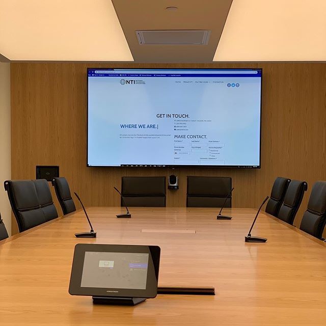 A recent boardroom we finished. @shure MXA910, @crestron wireless touch panel, @lgusa 98” screen, @biampsystems Server IO,and @polycominc Trio (not installed yet!) #commercialav #videoconferencing #audioconferencing