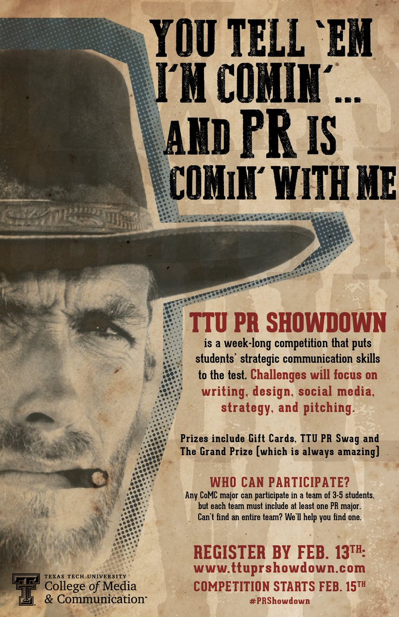 TTU_CoMC's tweet photo. Put your  skills to the test. Register now for the 2019 #PRShowdown. Open to all #MyCoMC students. Form a team or sign up individually and we’ll find you a team. Read more and sign up here:  https://t.co/0Zg0tVDZfh Registration closes Feb. 13. Competition begins Friday, Feb. 15. https://t.co/iJdLgASF2B