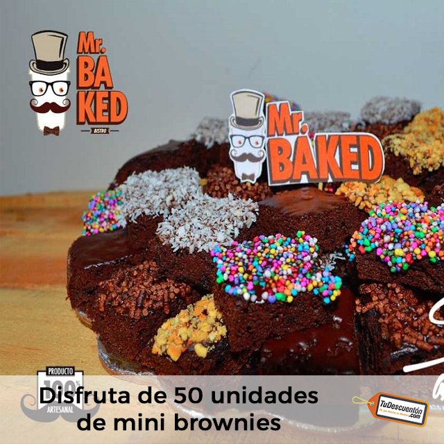 Disfruta de una bandeja de 50 unidades de mini brownies (4 cm de diámetro c/u), con cobertura de chocolate y topping de lluvias de mani, coco, chocolate y colores para tus reuniones o eventos. ¿Quieres saber más? Ingresa en tudescuenton.com para más información.