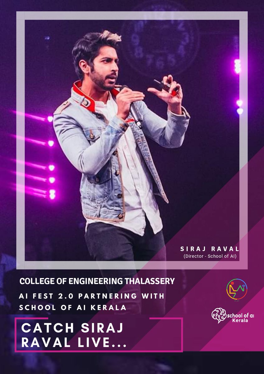 Really excited to have <a href="/sirajraval/">Siraj Raval</a>  on board in partnership with #schoolofaikerala. The live session with him would take it to the next level.

To know more : aifest.iedccoet.org
