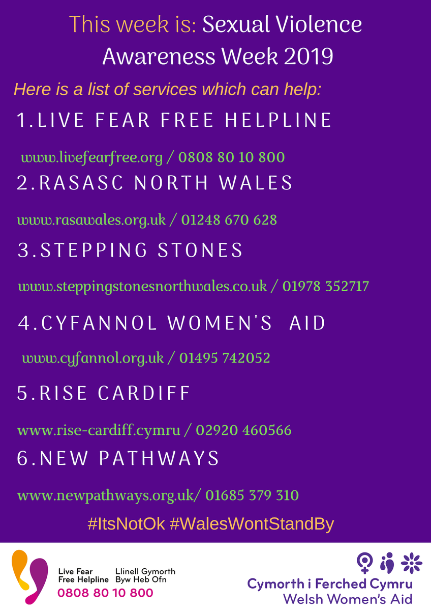 WelshWomensAid's tweet photo. This week it's #SexualViolenceAwarenessWeek - here is a list of the sexual violence services which can help you across Wales. #ItsNotOk #WalesWontStandBy https://t.co/a1sxn86o4B