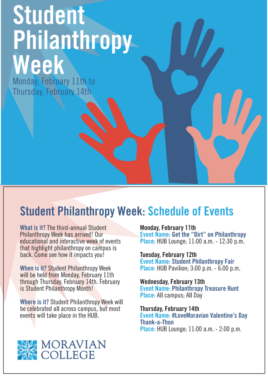 MoravianU's tweet photo. Highlighting philanthropy on campus: join us for Student Philanthropy Week events happening in the HUB February 11 - February 14! https://t.co/O6WixIFV3k