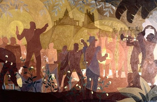 Nowart_la's tweet photo. Kansas: #topeka #aarondouglas, the “Dean of African-American painters”, a leading visual artist in the Harlem Renaissance. This mural is a recreation of the panel “From Slavery Through Reconstruction”, on permanent display at #Nycpl
@daveloewenstein, #stanherd & volunteers, 2005 https://t.co/bG5i1Dr33E