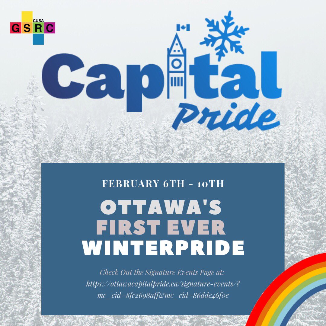 cusagsrc's tweet image. Capital Pride is launching their first ever winterPride from February 6th to 10th ❄️

Drag shows, guest speakers and a parade! ottawacapitalpride.ca/signature-even…
•
[image description] capital pride logo on winter trees. Caption ”OTTAWA’S FIRST EVER WINTERPRIDE” and a rainbow in the corner.
