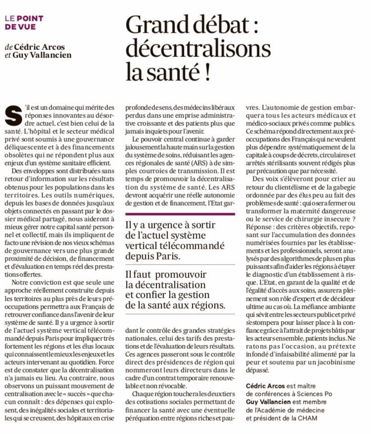 cedricarcos's tweet photo. Pour contribuer au #GrandDebatNational ns lançons avec @gvallancien 1 appel ds @lesechos pour oser la décentralisation en santé:faire la santé depuis et par les territoires pr rapprocher la santé des Français,améliorer les organisations,redonner souffle et sens aux professionnels https://t.co/zL2YDHCBBy