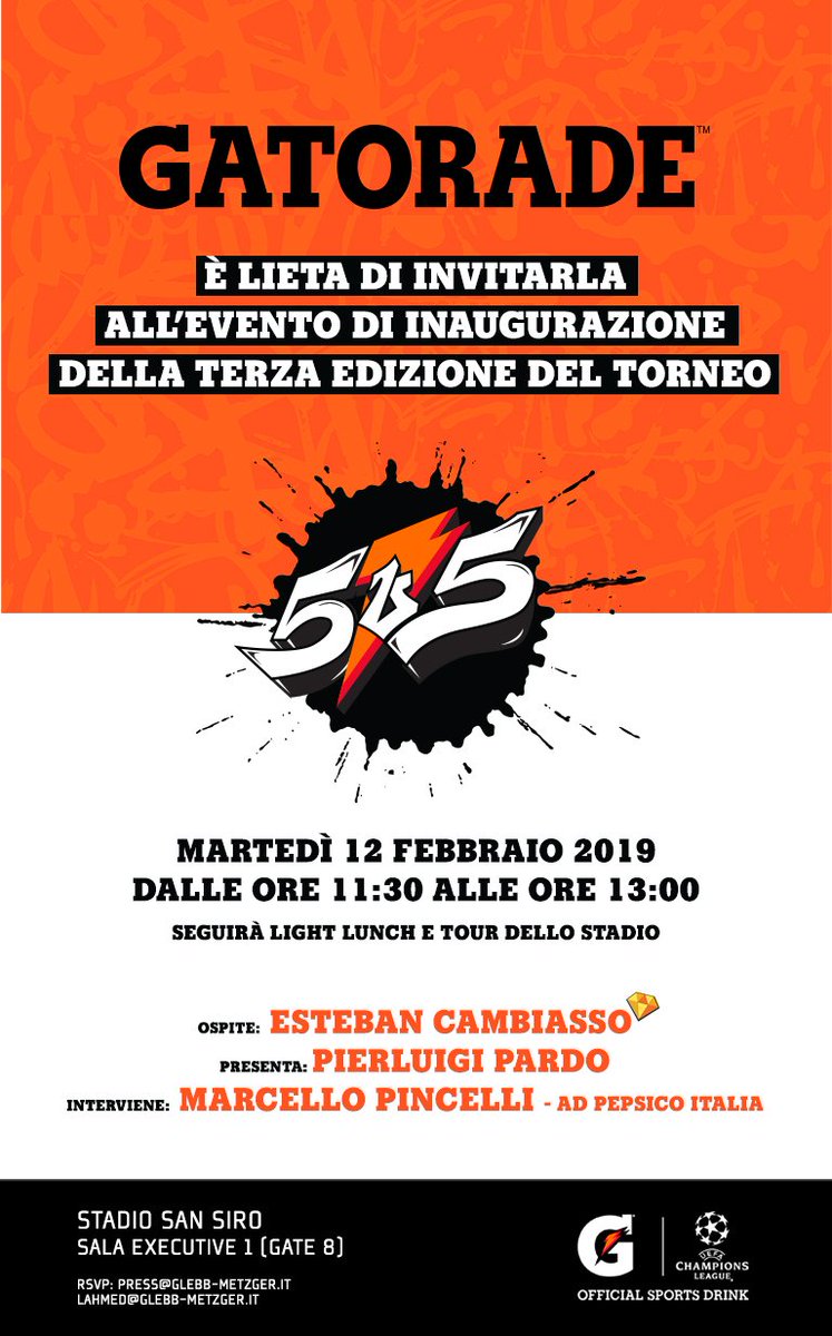 ⚽️ Calcio giovanile | <a href="/Gatorade/">Gatorade</a> 5v5 🏆
📌 La tappa di Milano è targata #Sportland 
‼️ Martedì a San Siro la presentazione ufficiale
😉 <a href="/PIERPARDO/">Pierluigi Pardo</a> ci vediamo lì?!