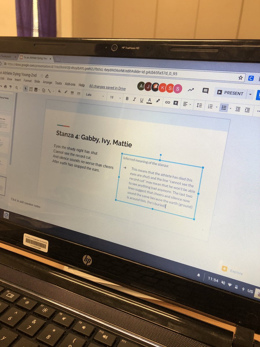 ccyoung14's tweet image. Today we’re using @googleslides as a collaboration tool to make inferences from poetry as a whole class. #PWBHSdaily @BryantStampede #tcstech Shoutout to @MrsWtech for giving me the idea at our last Tech PLC meeting! #digitalcollaboration #DigitalTransformation