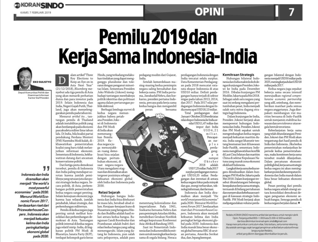 Pemilu 2019 Dan Kerja Sama Indonesia India Tulisan Keren Deputi IV