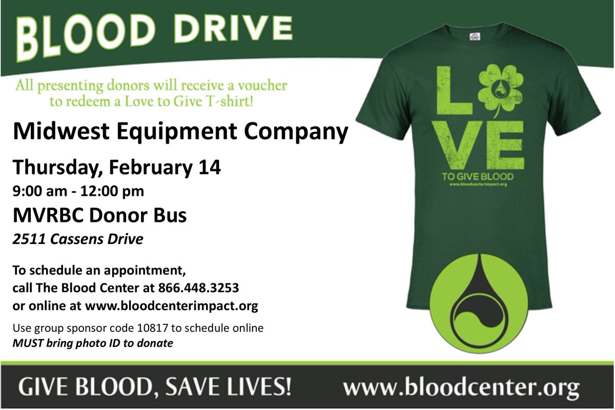 #FREE T-SHIRT! 
-->BLOOD DRIVE • FEB 14 • 9a-12p • 2511 Cassens Dr, Fenton, MO
schedule now: bit.ly/2F4RJb8 
<a href="/WillYouGive/">ImpactLife</a> #blooddrive #dogood #savelives #every56days #markyourcalendar #valentinesday #lovetogive #fentonmo