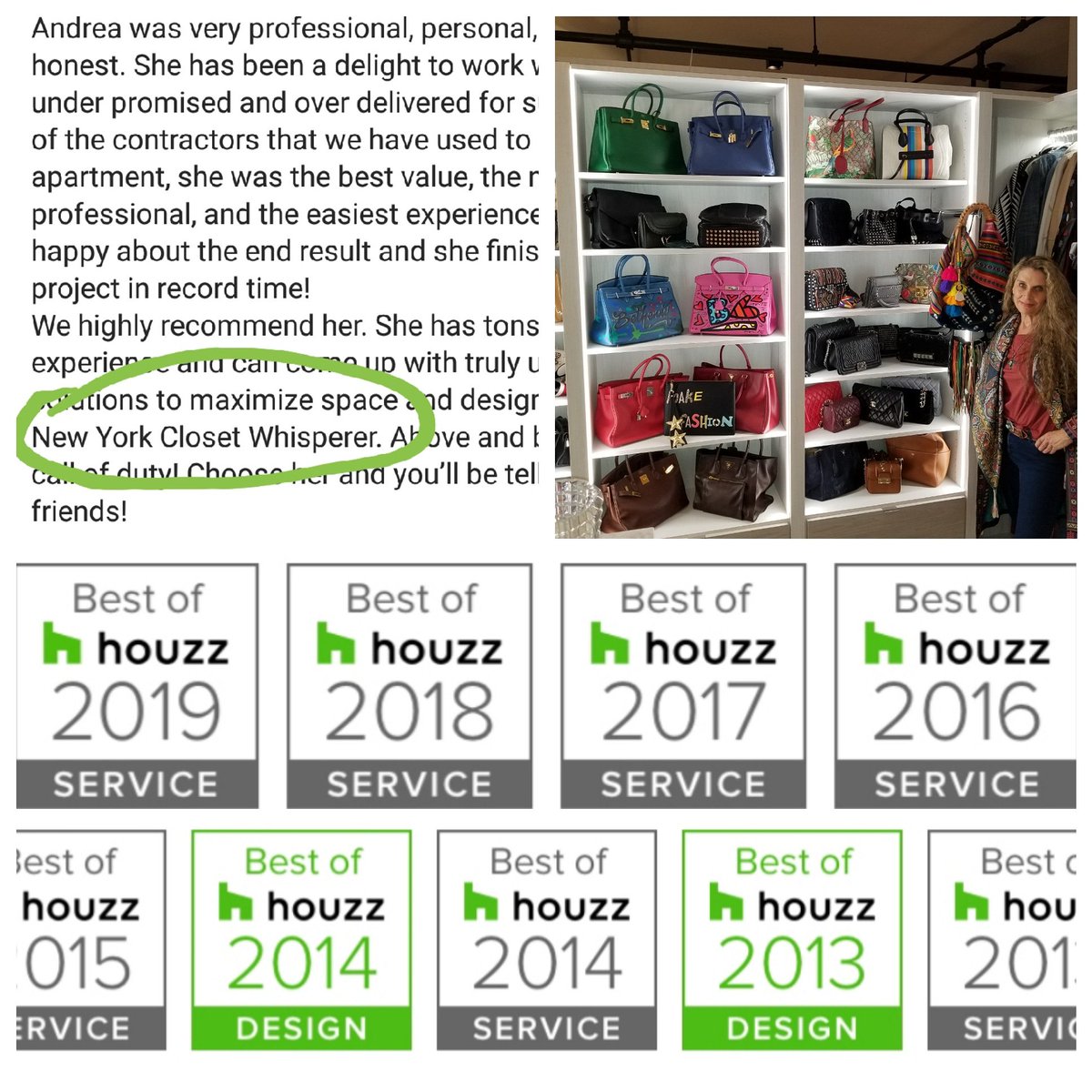 AndreaGary1's tweet photo. #honored #7yearsinarow #bestofhouzz #bestofhouzz2019 #bestofhouzzservice #queenofkerfuffle #nyclosetwhisperer #customclosetdesigner #professionalorganizer #organized #dowhatyoulovelovewhatyoudo #everythinginitsplace #anyonecanserve #drummajorinstinct #hardworkpaysoff https://t.co/hwevThpYLm