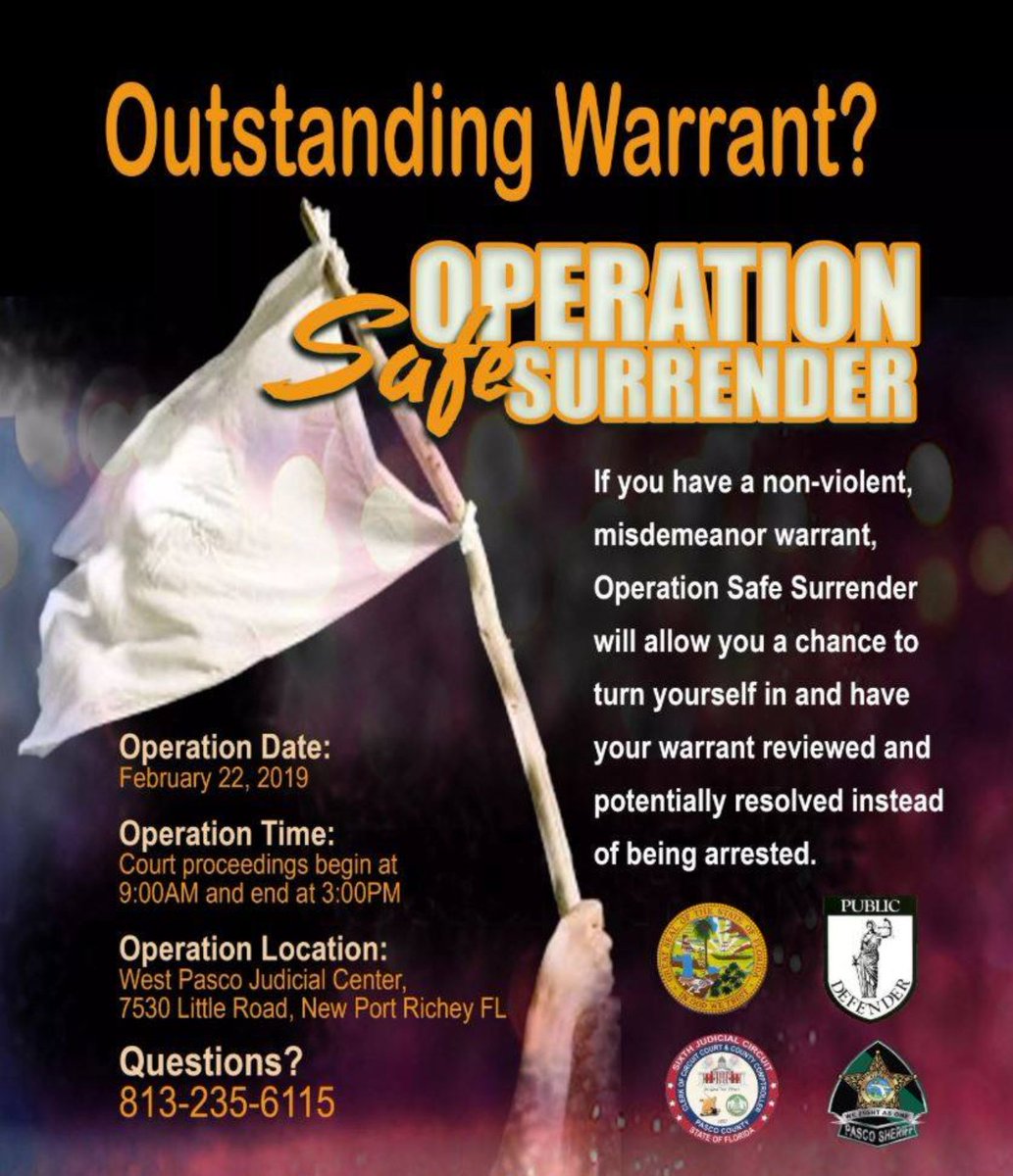 Operation Safe Surrender is an event that gives you the chance to turn yourself in on any non-violent, misdemeanor warrants that you might have.

Learn more or register by going to pascosheriff.com/operation-safe….