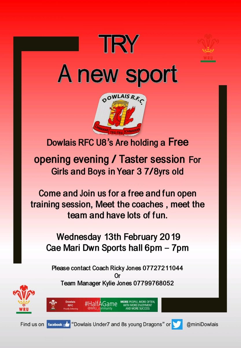 MiniDowlais's tweet photo. We are holding a free open training session U7s & U8s next wednesday !
#rugby #minirugby #tagrugby #merthyrschools #dowlaisrfc https://t.co/hQvaMeyGLF